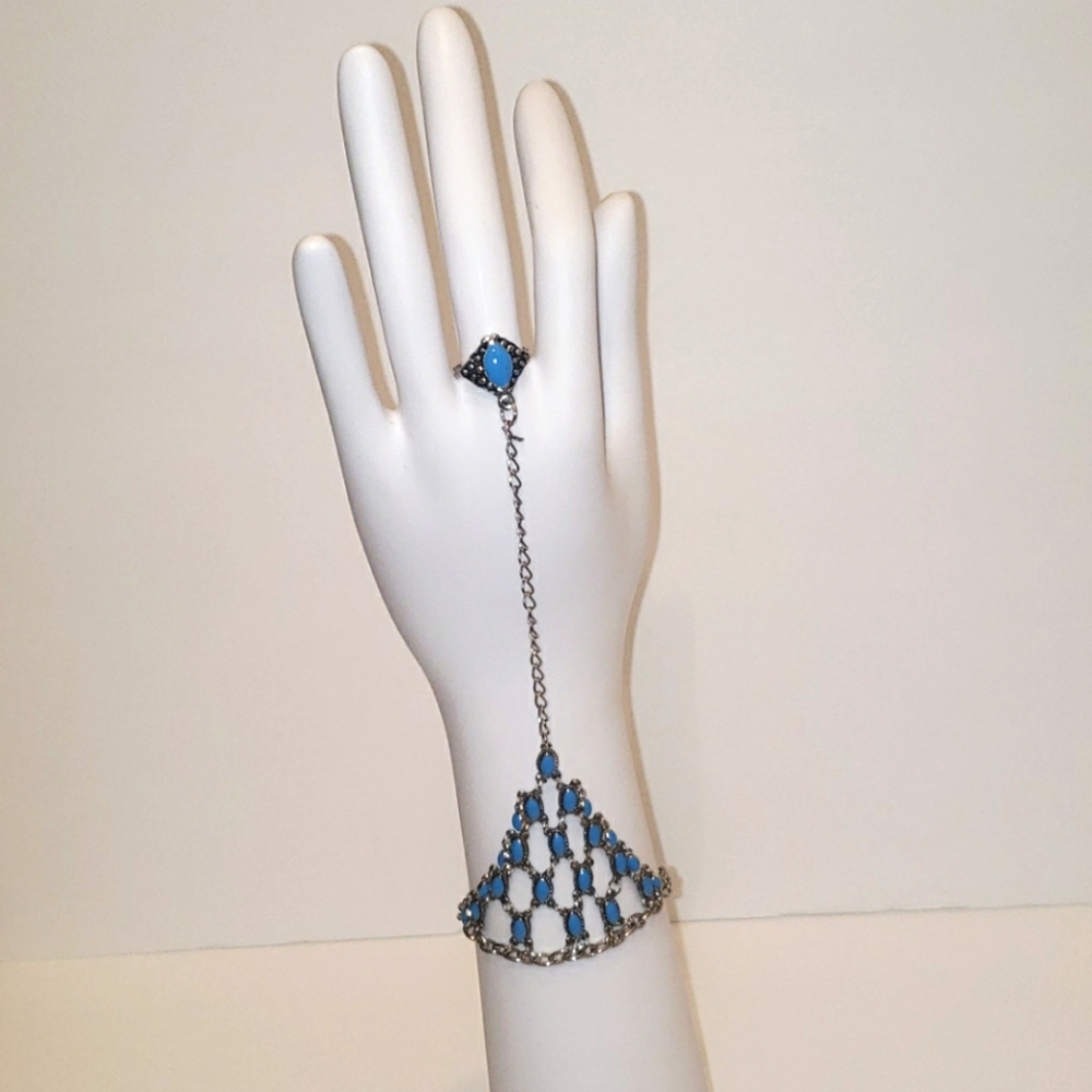 Teal Stone Hand Harness Slave Ring Bracelet Silver